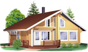 Ukkometso 75 mallinen hirsimökki terasilla 3D-malli